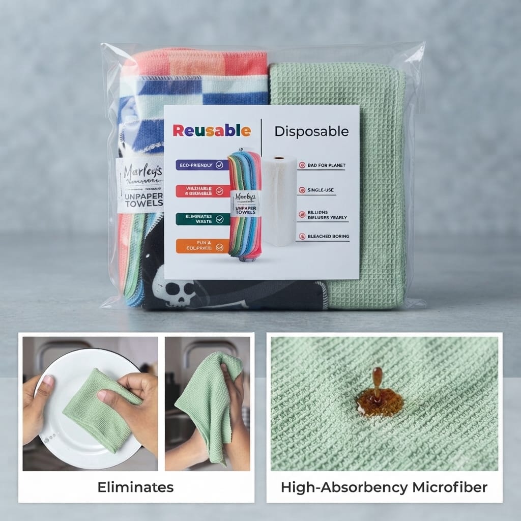 Super Absorbent Reusable Kitchen Towels – Pack of 6 Washable & Eco-Friendly Microfiber Cleaning Cloths