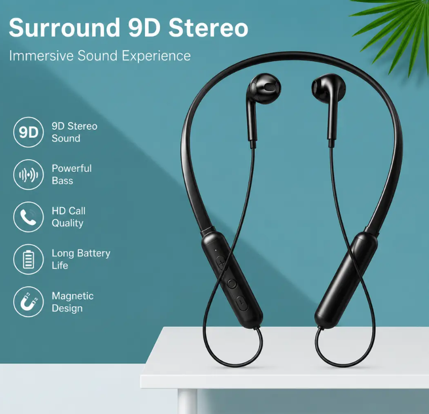 Wireless 9D Bluetooth Headset NeckHanging Stereo Noise Reduction Universal 5.0 Sports Headset Microphone