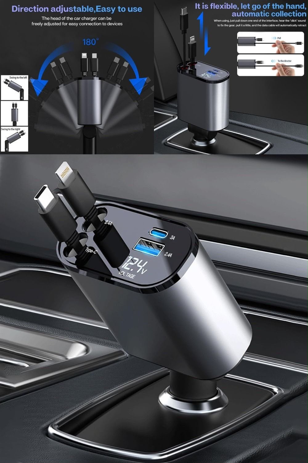 120W Fast Car Charger with Type-C & iPhone Cables